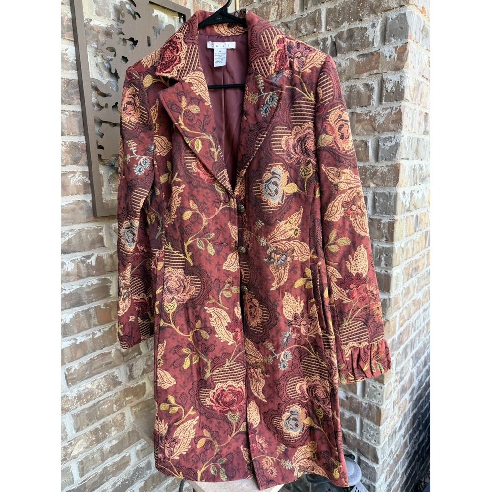 CAbi Guinevere 749 Tapestry Coat Women 10 Jacobean Floral Brocade Burgundy